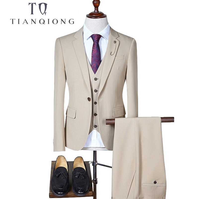 

TIAN QIONG Slim Fit Men Suits For Wedding One Button Black,Blue,Gray,Khaki Mens Formal Suits Spring Autumn 3 Piece Suit QT288 201106