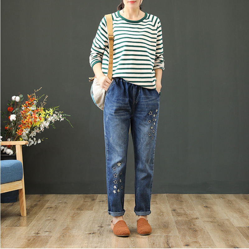 

with Women's Breeches Elastic Waistlines of Large Casual Size Female Embroidery Star Sqhm, Blue