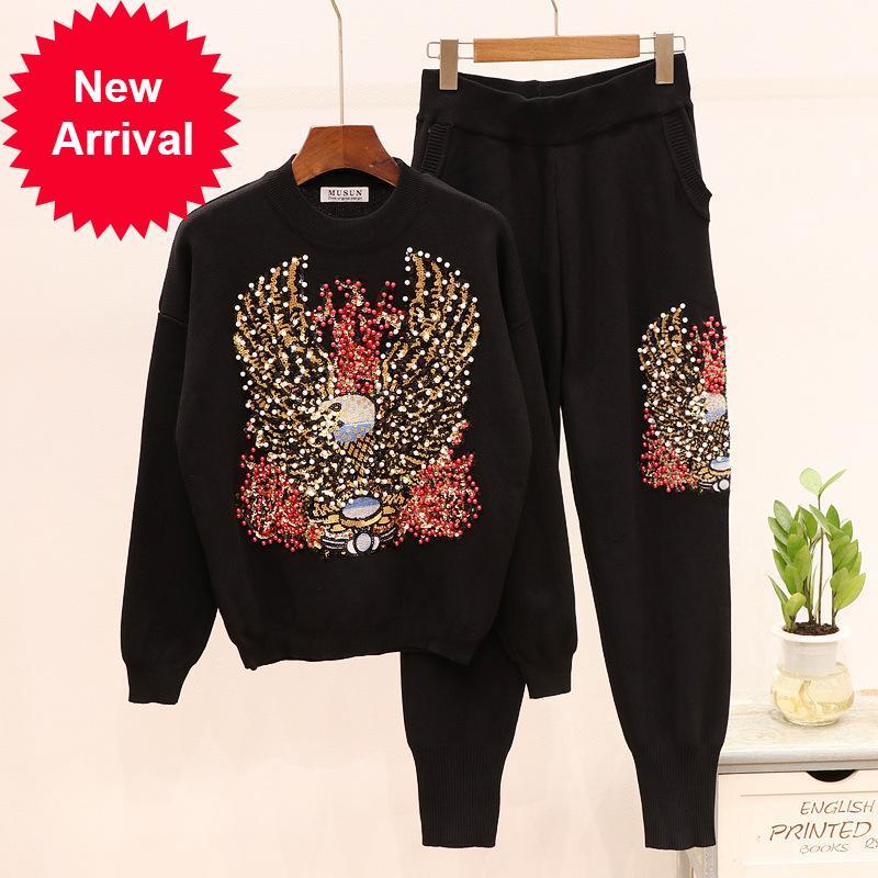 

2021 New Brand Designer Vintage Female Christmas Winter Luxury Old Eagle Beading Sequins Long Sleeve Nightgown Sweater 2 Parts Ph1t, Black