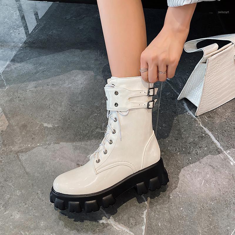 

Lsewilly 2020 New Winter Boots Women Knee High Long Boots Leather Fashion Lace-Up Non-Slip Black Shoes Woman1, White short