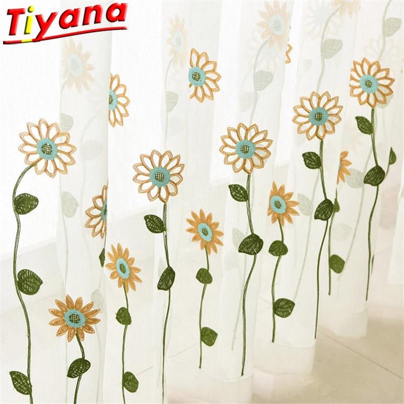 

Yellow Sun Flower Embroidered Curtain Tulle for Living Room Rural Yarn Window Drpes for Balcony Finished Product X-HM390#30, White tulle