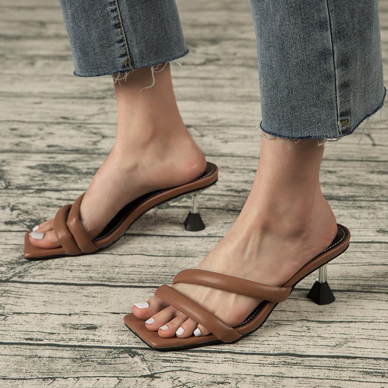 

Women Fashion Slipper Square High Heel Classics Strap Sandal Ladies Elegant New Summer Bohemian Pumps Flip Flops Big Size 43, Brown