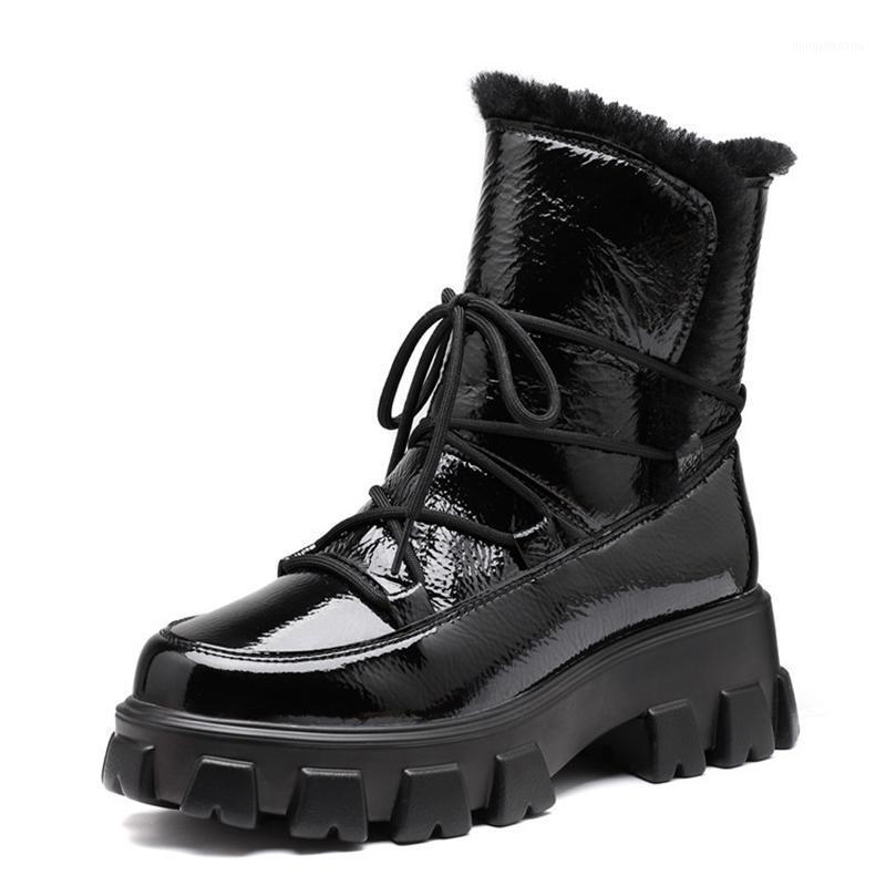 

New Winter Ankle Boots For Women's Shoes Patent Leather Cross-tied Platform Keep Warm Snow Boots Plus size 441, Black