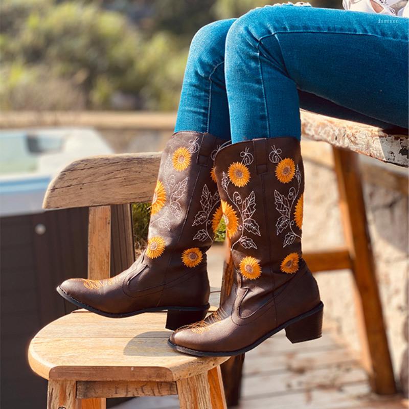 

Women Ankle Boots Ladies Embroidery pattern PU Leather Slip On Shoes Women's Block Heels Boots Female Autumn Fashion New 20201, As pic