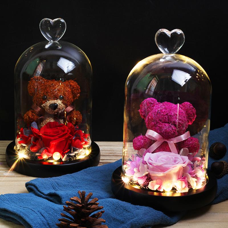 

Eternal Preserved Fresh Rose Lovely Teddy Bear Molding LED Light In A Flask Immortal Rose Valentine's Day Mother's Day Gifts, Mini pink
