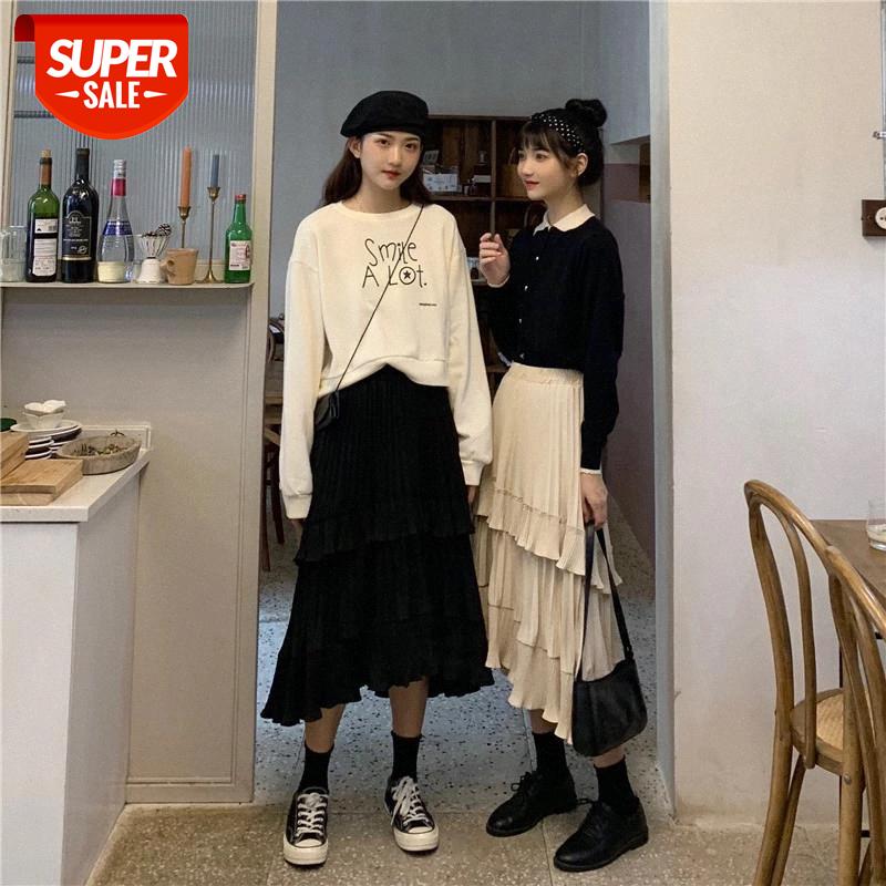 

Black Beige Fashion Korean Ruffle Midi Long A-line Skirt Women Casual Spring Summer High Waist Irregular All-match Skirts Female #uL0i, White;black