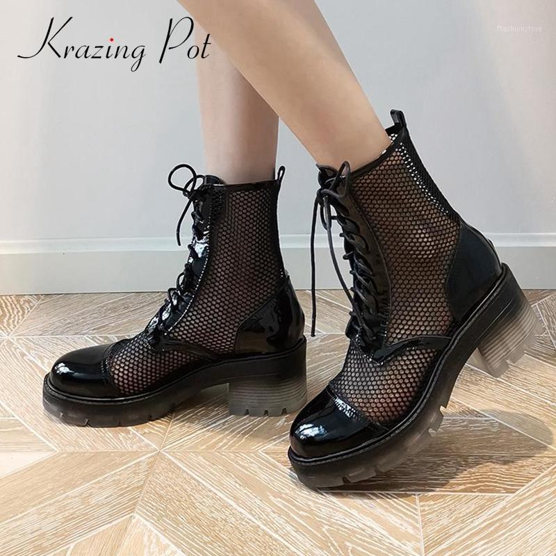 

krazing pot genuine leather preppy style fashion maiden air mesh breathable summer shoes round toe lace up women ankle boots L581, Beige