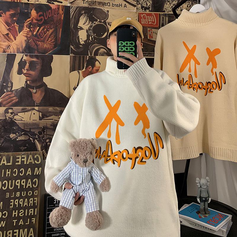 

Fall/winter Turtleneck Sweater Men's Printed Letter Loose Long-sleeved Lapel Warm Sweater Mid-length Simple Fashion Pullovers, White