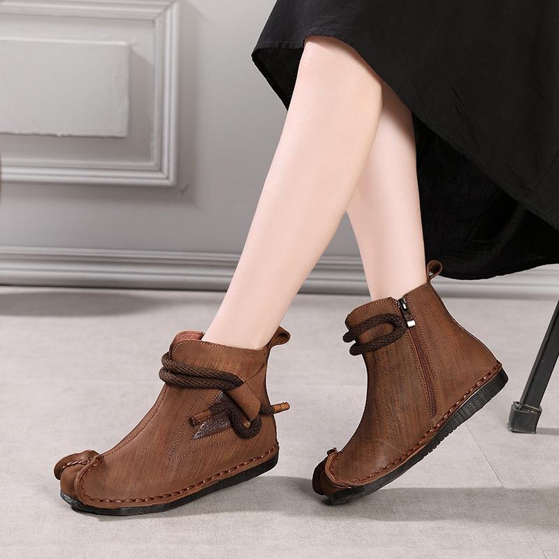 

2020 VALLU Women Ankle Boots Genuine Leather Round Toes Side Zipper Handmade Vintage Autumn Winter Ladies Shoes Flat Boots, Black