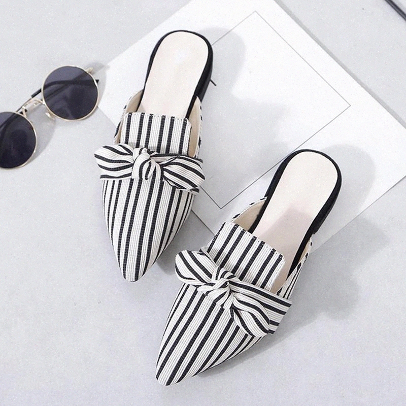 

Summer Women's Slippers Ladies Elegant Pointed Toe Bowtie Woman Stripes Low Heels Women Shoes Fashion Female Mules 2020 New #Yo5Y, Black