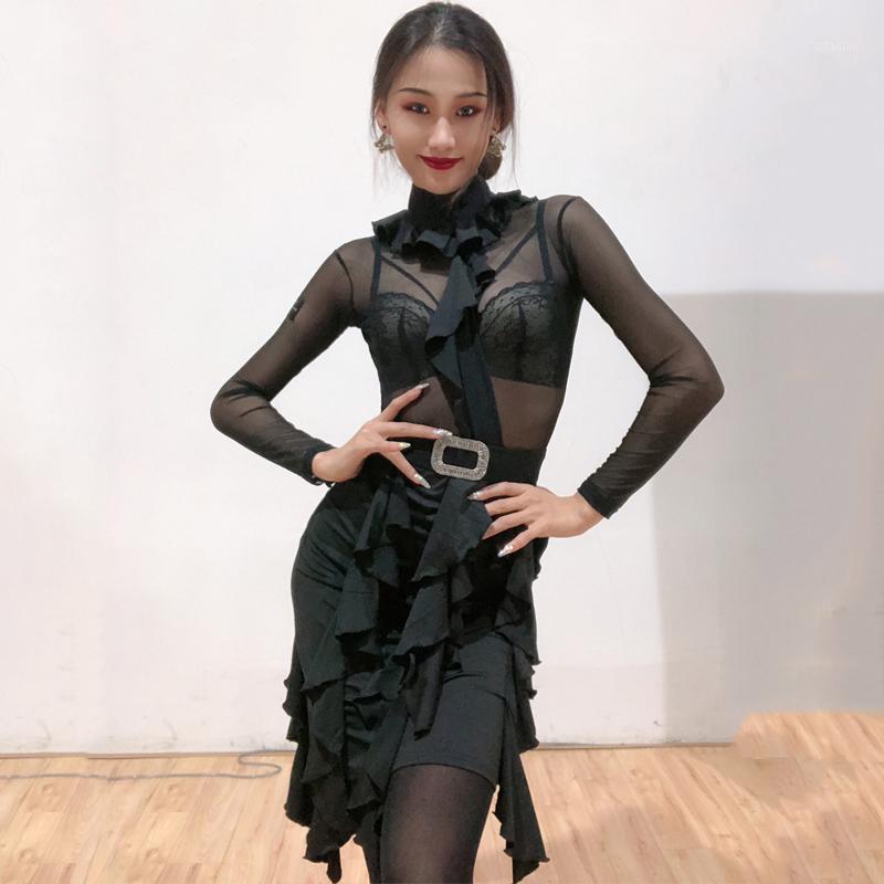 

2020 Sexy Dance Dresses For Women Latin Performance Dance Wear Fringe Ruffle Black Long Sleeve Perspective Mesh Club Dress BI9531