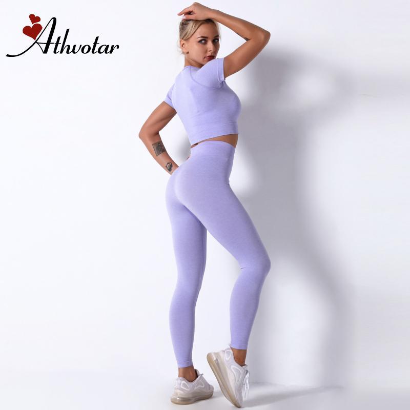 

ATHVOTAR 2021 New Gym Set Women Solid Sports Wear Gym Clothing Short Sleeve Crop Top High Waist Leggings Athletic Yoga Set, Green