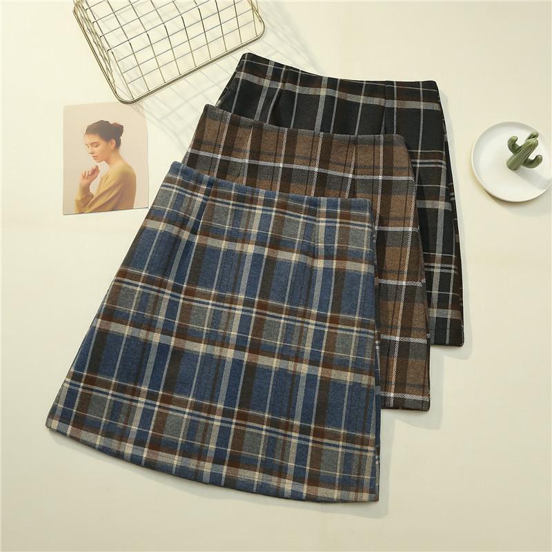 

Woolen Plaid Skirt High-Waist Women 2020 Autumn Winter A-Line Fashion Joker Female Skirts Korean Designer Ladies Vintage Skirt, Black