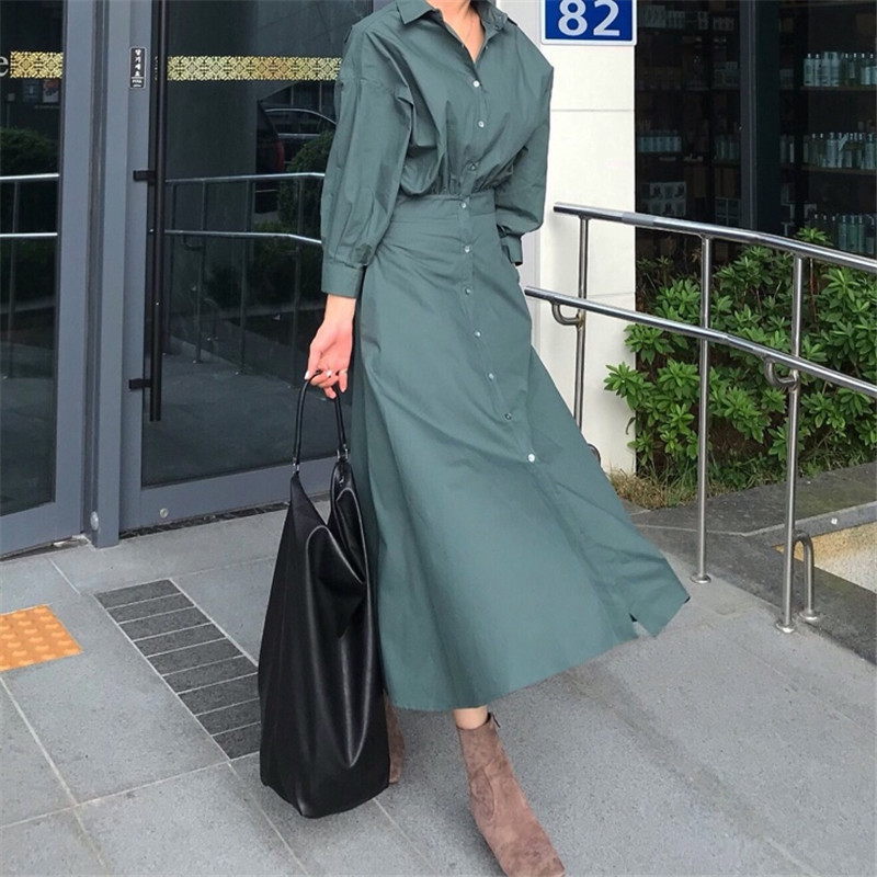 

2021 New Elegant Korean Women' T-shirt Fall Retro-lapel Line Lady the Office Dressed in High-waisted Solid Color 1QJM, Green.