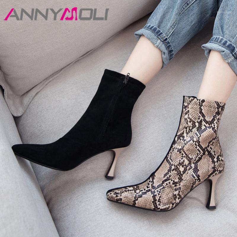 

ANNYMOLI Autumn Ankle Boots Women Boots Snake Print Stiletto High Heels Short Zipper Square Toe Shoes Lady Big Size 33-431, Black
