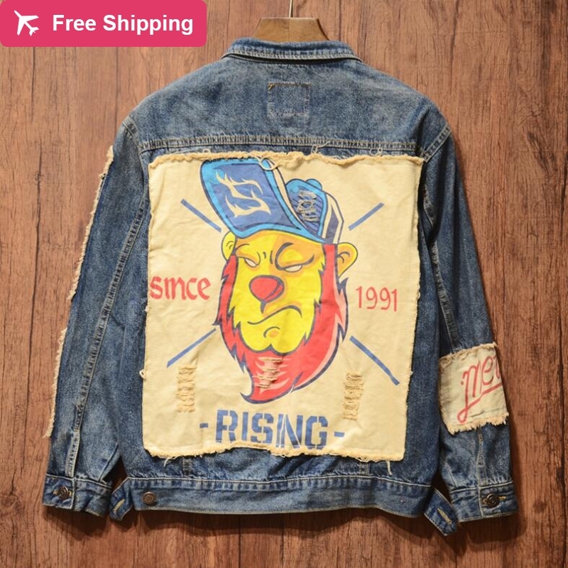 

Japanese street tide brand original designer rag applications Pattern Lion for Men jacket jeans From Punk Hip Hop youth Outerwear, Color picture