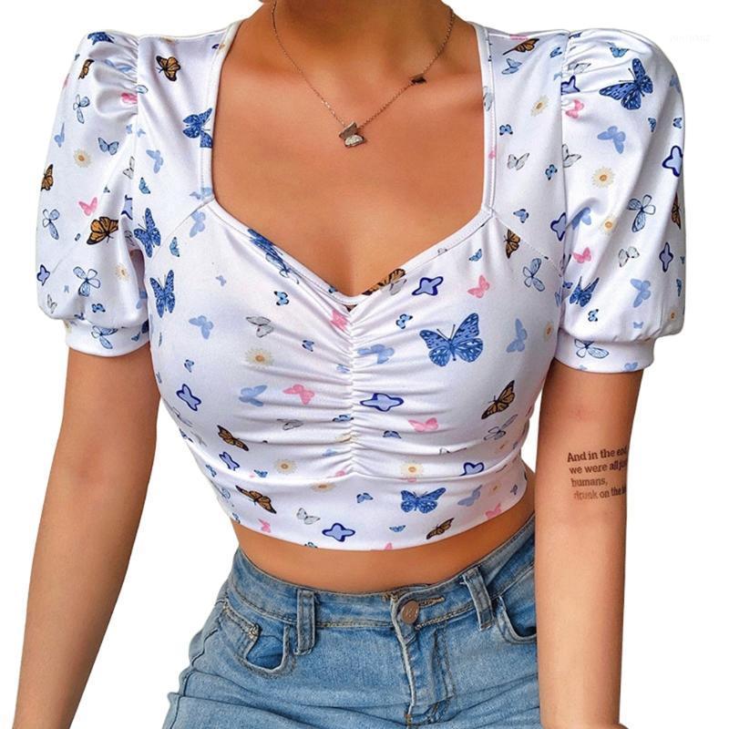 

Women' Butterfly Print Crop Top Summer Fashion Puff Sleeve V-Neck Top Yoga1, White