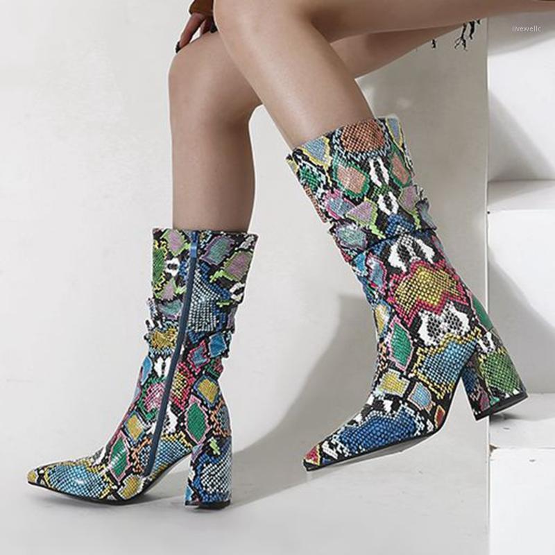 

High-quality Brand New Multi Snake Veins Square Heels Elegant Office Lady Autumn Winter Shoes Women Trendy Boots1, Multicolor