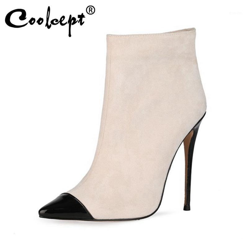 

Coolcept Size 34-43 Women Ankle Boots Thin High Heel Shoes Pointed Toe Zipper Warm Flock Boots Winter Fashion Women Footwear1, Ivory heel 10 cm