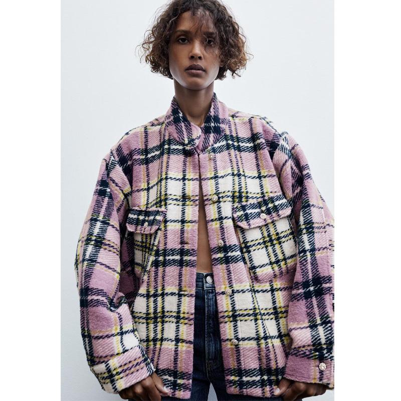 

Boho Inspired Winter purple Plaid Jacket Coat Women Streetwear Long Leeve Thick Coat Fashion Pocket Oversized Lapel Shirts Coats, As pic