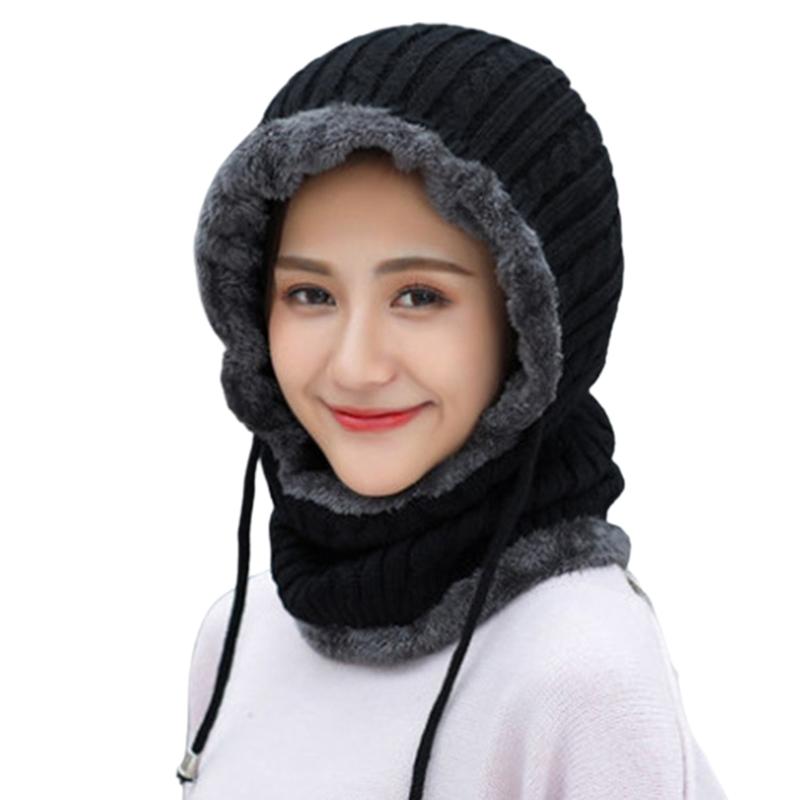 

Women Winter Warm Knitted Balaclava Hat Plush Lined Ski Earflap Hood Cap Scarf, Red