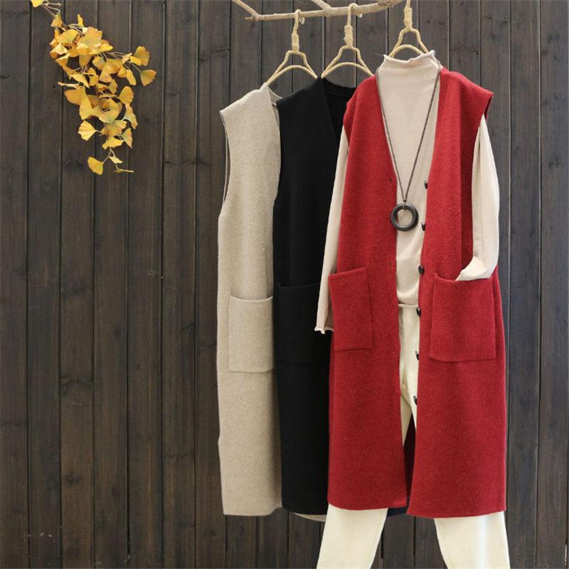 

New Autumn Winter Waistcoat Women's Lazy Style Loose Sleeveless Sweater Vest Long Knitted Cardigan Jacket V-Neck Wild Top y1085, Black