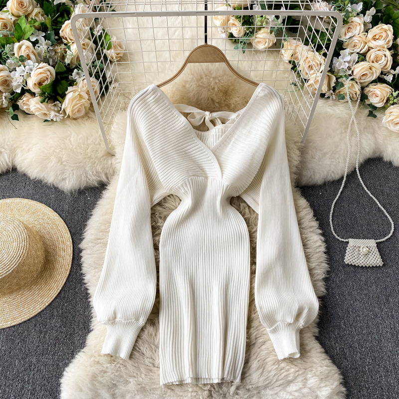 

2021 New Singiny mesh design women's neck puff thin elastic dresses sexy autumn short sweater dress XRIR, Black