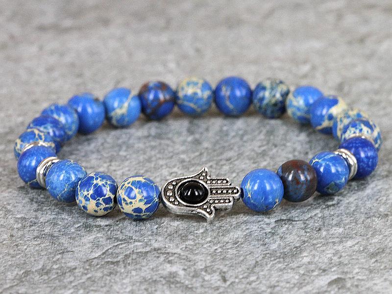 

2020 New Design High Grade Jewelry 8mm Blue Sea Sediment Stone Bead with Silver Hamsa Bracelet Yoga Mala Charm Handmade Bracelet