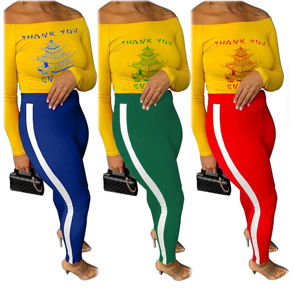 

Women 2 Piece Outfits Designer One Shoulder T Shirts Pencil Pants Set Ladies Casual Long Sleeve Top Tight trousers Fall Winter New GCI9, Green