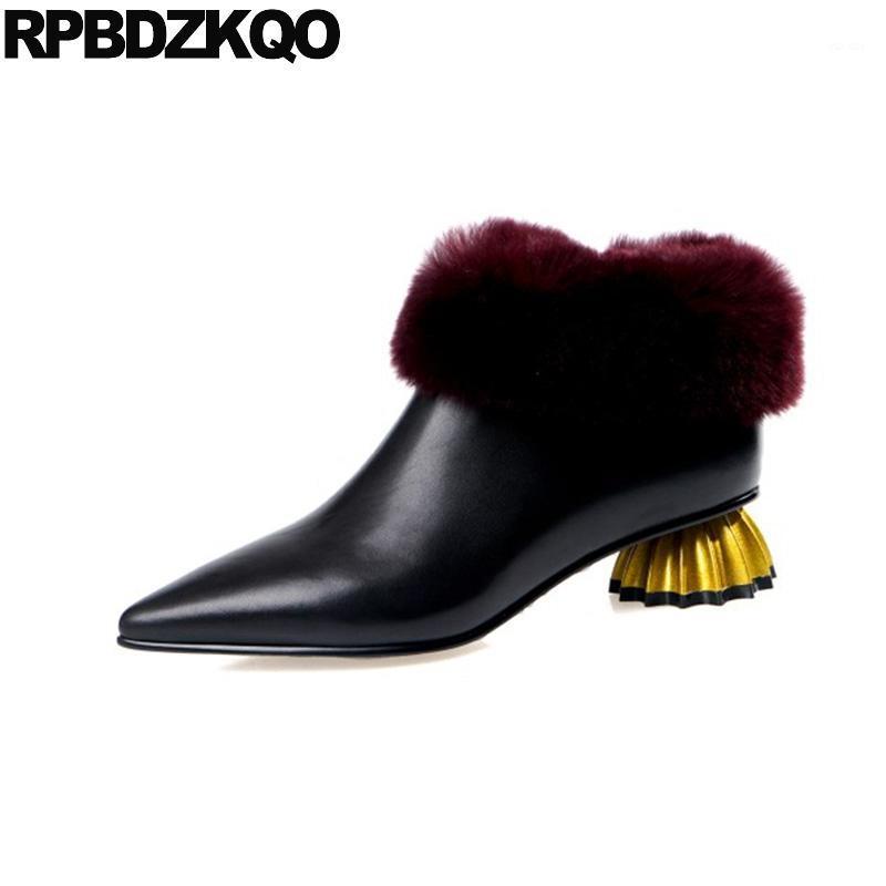 

chunky 9 handmade fall block wine red side zip boots shoes real fur booties women autumn genuine leather black pointed toe furry1