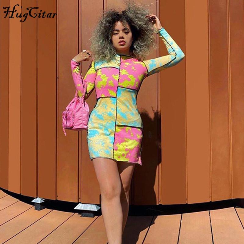 

Tie-Dye Spliced Dress Female 2020 fall and winter long-sleeved sexy mini dress female fashion street shoot outfit cute candy skirt, Multi color