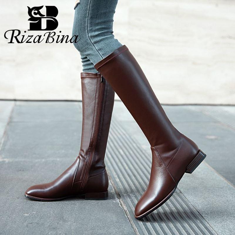 

Boots RIZABINA High Quality Real Leather Shoes Knee Square Toe Zipper Ridding Cool Solid Footwear Size 34-401, Black