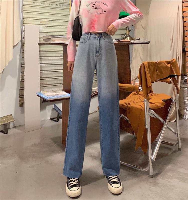 

2021 New Washed Gradient Blue Women' Jeans Retro Fashion Quality Jeans Woman High Waist Harajuku Straight Leg Pants