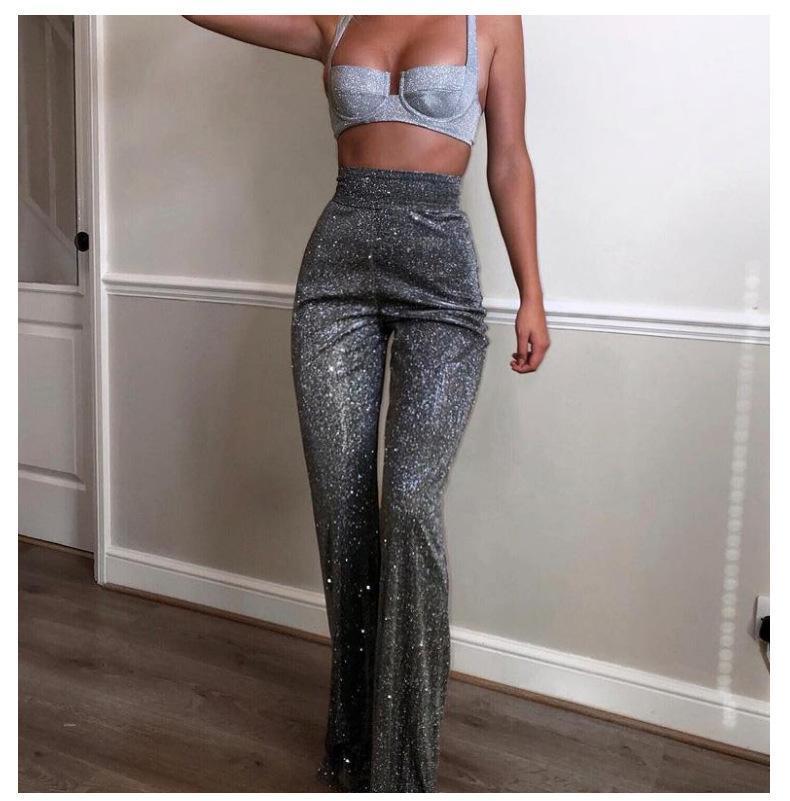 

Fashion Trendy Women' Sequin Pants Elastic Zipper High Waist Loose Shining Wild Leg Pants Trousers for Sports Party Clubwear1, Gray