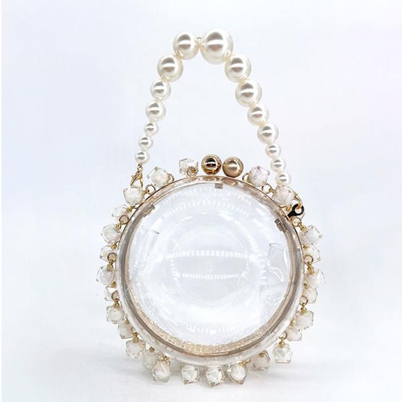 

Transparent Pearl Handle Fashion Women Handbag Shoulder Bag Party Purse Clutch Bag Evening Round Tote, Black diamond