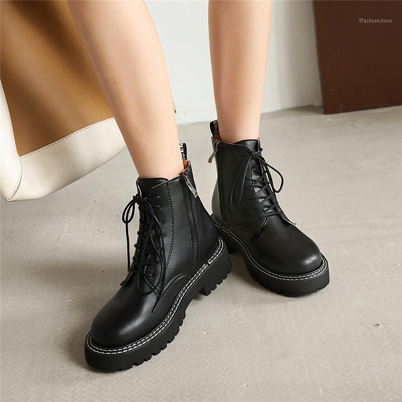 

YMECHIC 2020 Fashion Lady Black Ankle Boots Pu Leather Cross-tied Punk Motorcycle Thick Heel Platform Winter Shoes for Women 431