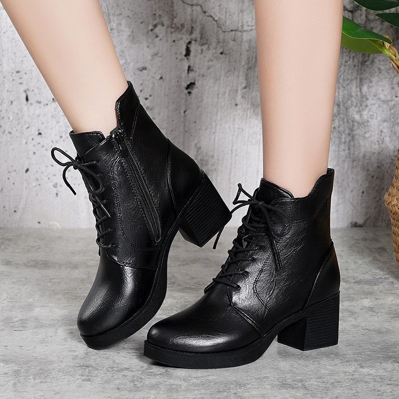 

Top high quality plutonium leather women's high-heel 2020 fashion lace up to black ankle boots woman office shoes dwaterproof water 41