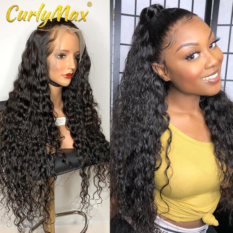 

Curly Max Hair Deep Wave Transparent Lace Front Human Hair Wigs Brazilian Virgin Glueless Full Lace Pre Plucked Baby, Natural color