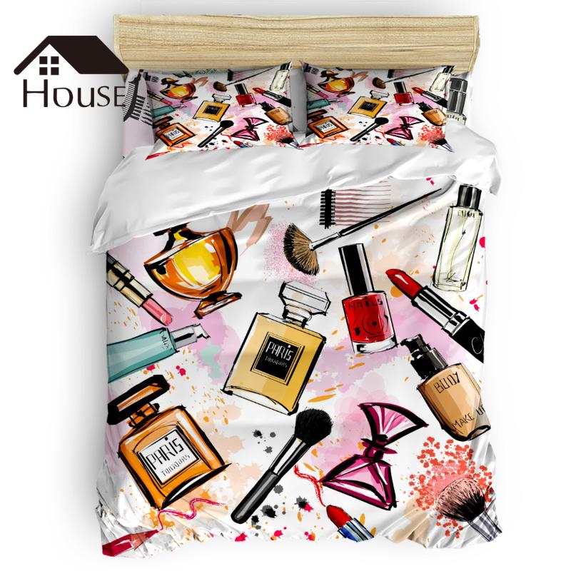 

Cosmetics Perfume Lipstick Bow Female 4 Piece Bedding Set Modern Duvet Cover Set Bedroom Decor, As pic