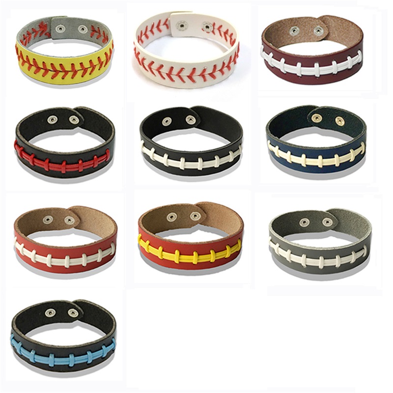 

New Softball Baseball Leather wrap Bracelet Men's Sports Snap Closure Wristband Bangle For women Fan Jewelry in Bulk 297 G2, Golden;silver