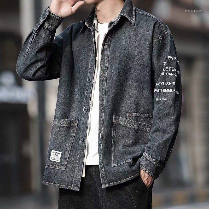 

Spring and autumn 2020 teenagers men' tooling Korean trend coat man loose casual lapel plus fat denim jacket hombre1, Black