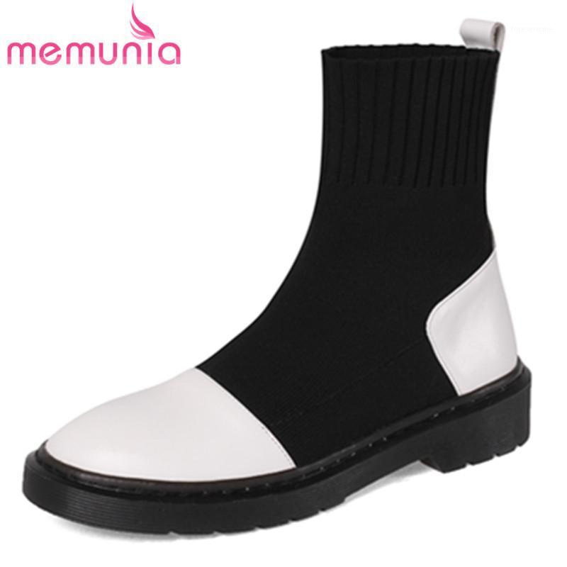 

MEMUNIA 2020 new arrive genuine leather +knitting flat shoes women ankle boots mixed colors autumn winter casual shoes ladies1, White not fur