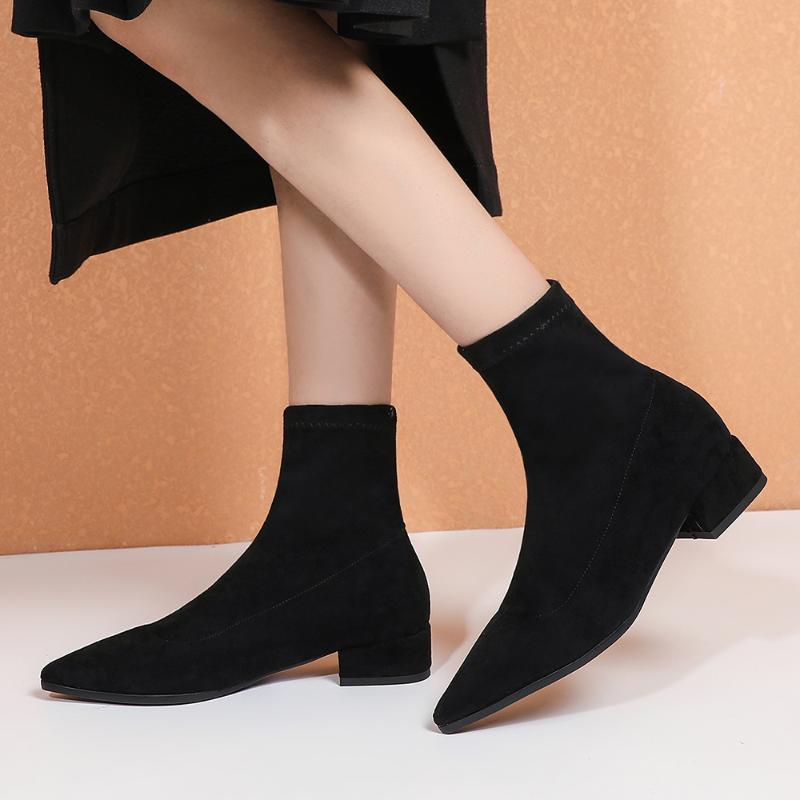 

New Autumn Winter Women Elastic Sock Ankle Boots Shoes Solid Black Beige Pointed Toe Elegant Sexy Thin High Heels Women Boots, Beige (winter)