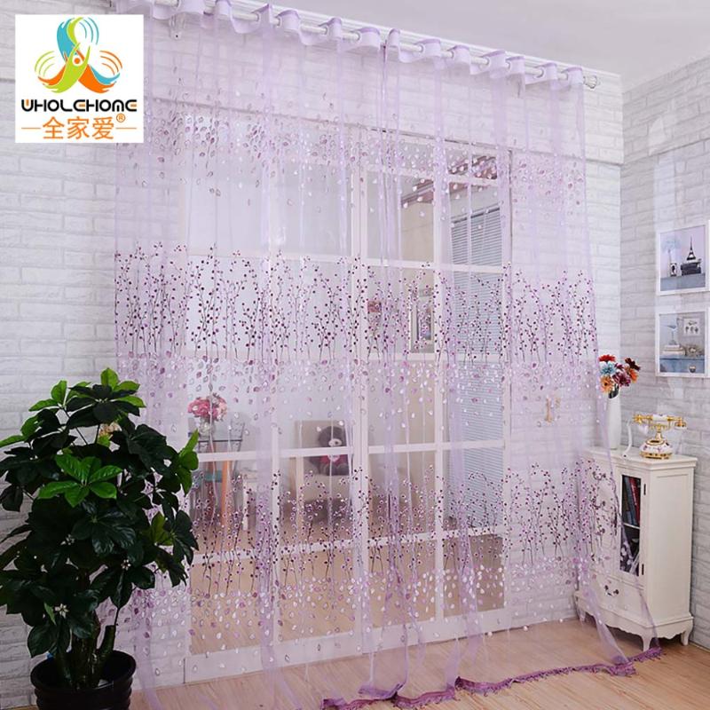 

Floral Printed Window Curtain Fabric Living Room Transparent Burnout Sheer Tulle Voile Screening 1PCS/Lot, Purple rod pocket