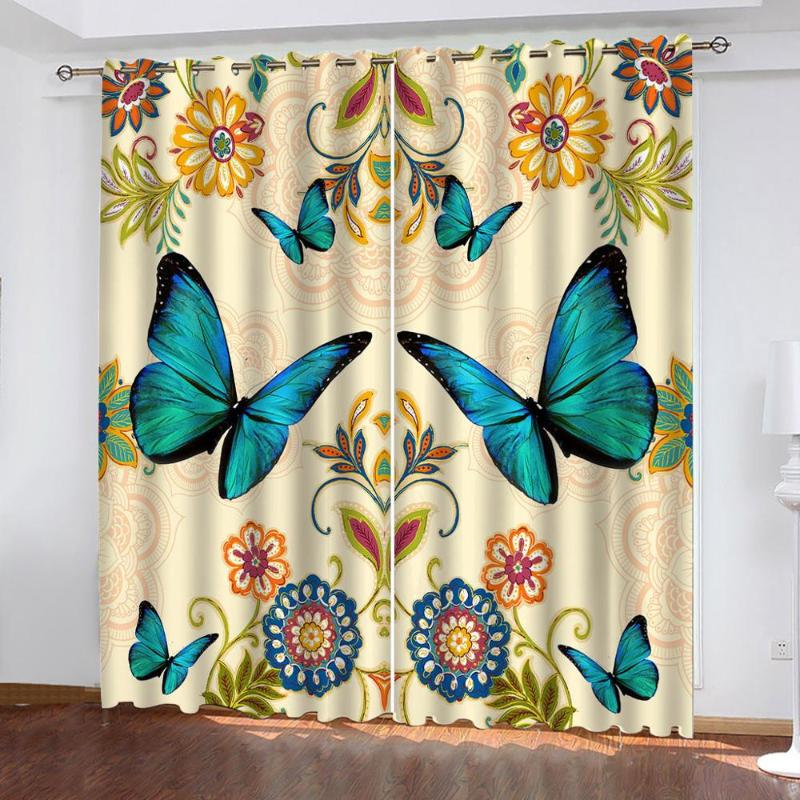 

Beautiful Flower Blue Butterfly 3D Curtains For Living Room Bedroom Children Room Custom Size Decorative Blackout Curtain, As pic