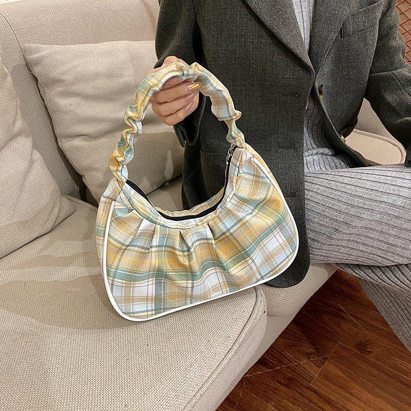 

Contrast Plaid Women's Armpit Bag Pleated Shoulder Bag Designer Handbags Nylon Tote Female Fashion Clutch Purse Underarm Bags, Blue armpit ba