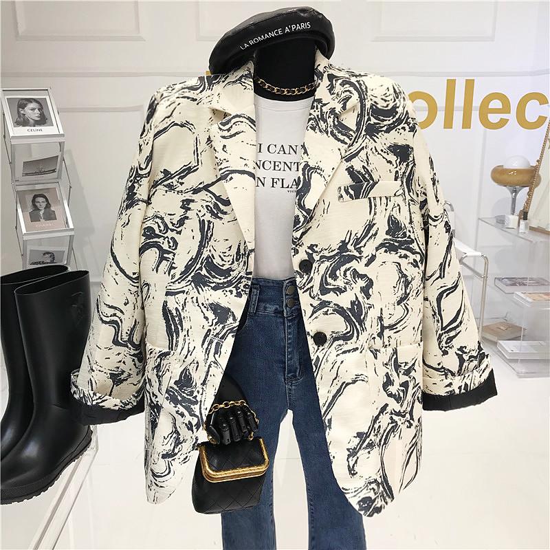 

Novelty Design Ink Pattern Print Long Sleeve Blazer Jacket Women Tops Niche Design Streetwear Single-breasted Pockets Outerwear, As shown