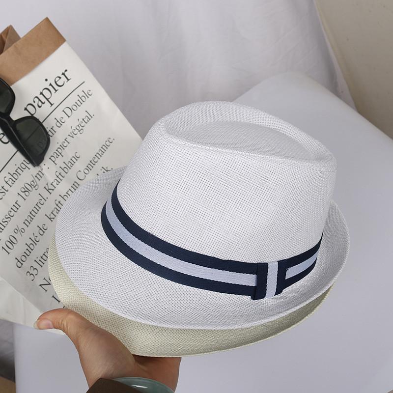 

New Fashion 2021 Spring Summer Men Straw Jazz Panama Striped lace Hat With Bow Fashion Beach Cap Solid Women Sun Hats, Beige