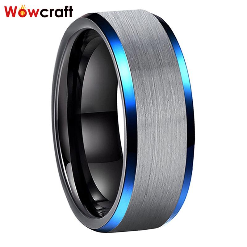 

8mm Blue and Black Tungsten Carbide Rings for Men Top Brushed Finish Polished Comfort Fit