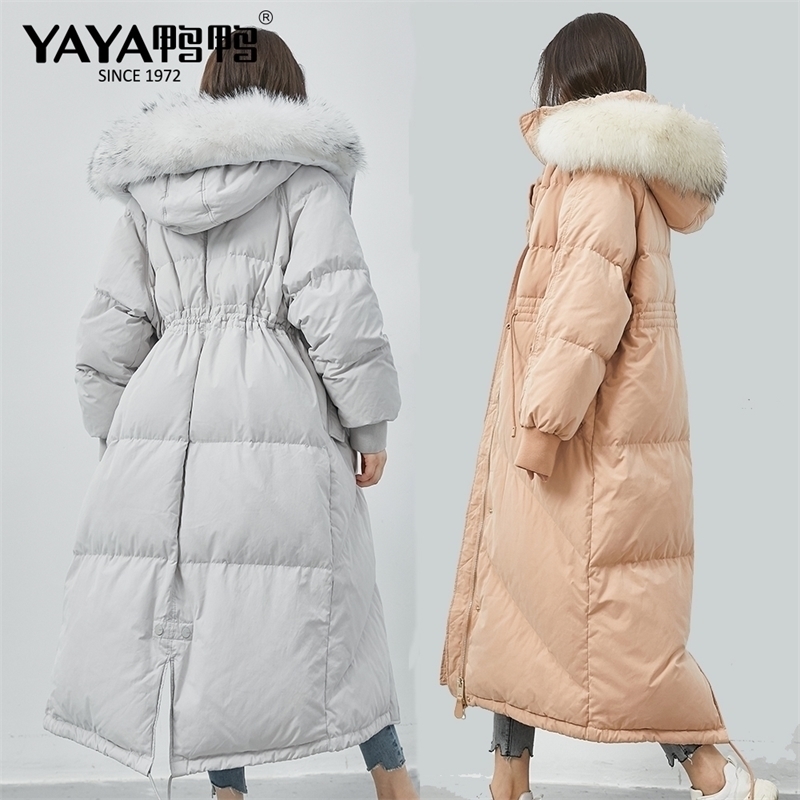 

YAYA Fashion Winter Down Jacket Women's Big Real Fur Hooded Thick Down Parkas X-Long Loose Warm Winter Down Outwear 201125, Brown